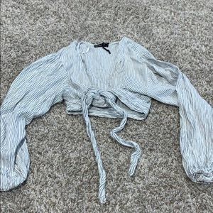 Crop wrap blue and white striped shirt